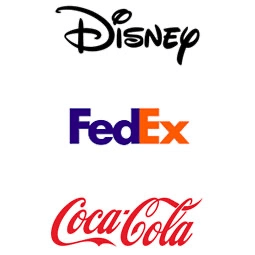 Disney logo as sample of typographic logo and Fedex logo as sample of typographic logo and Coca Cola logo as a sample of typographic logo