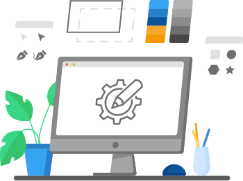 Computer surrounded by online design tools representing How to Instructions for creating designs
