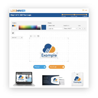Step 3 of Logomaker displaying logo editor which allows you to update text, colors, layout